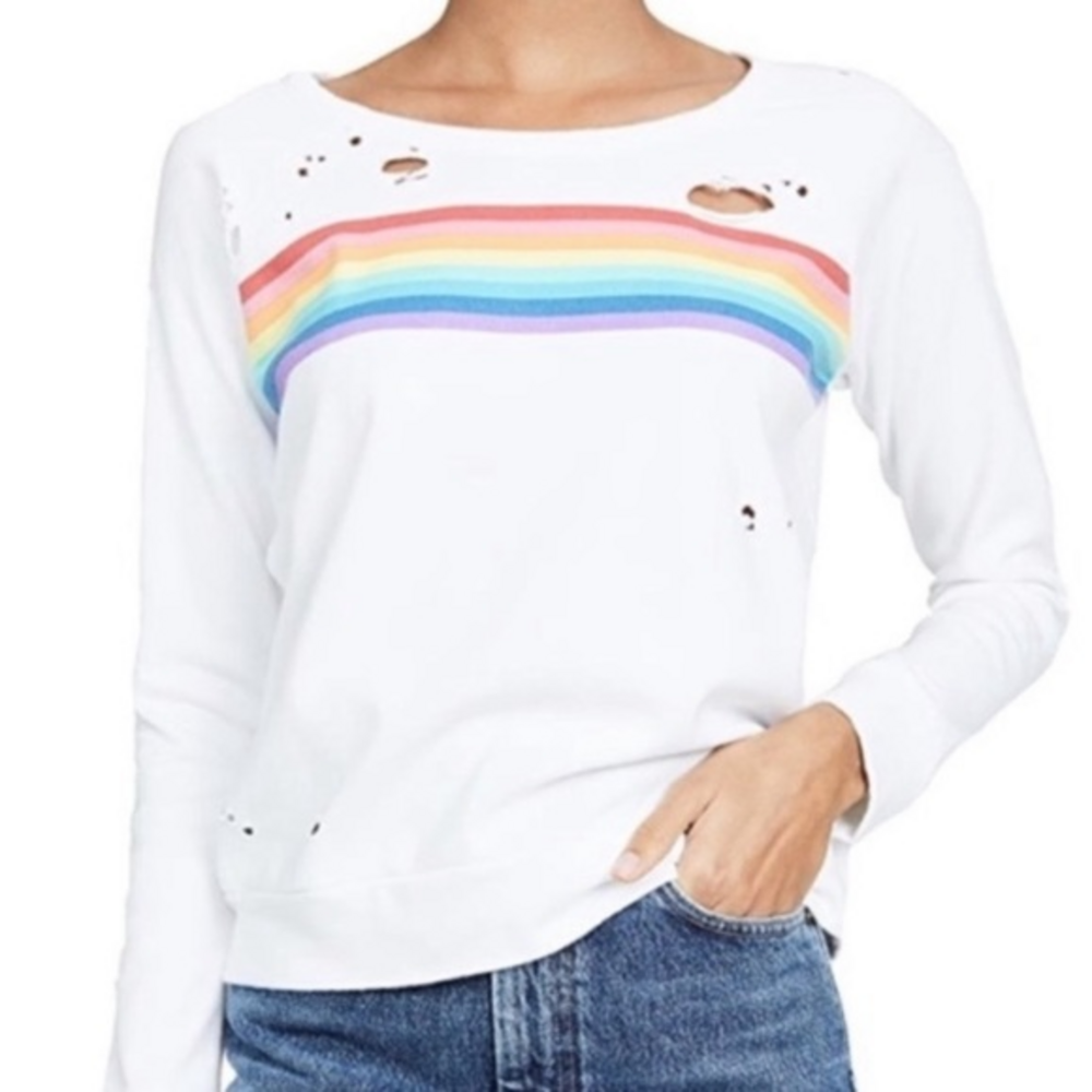 NWT Chaser Rainbow Vintage Inspired‎ Distressed Striped Sweatshirt Pullover
